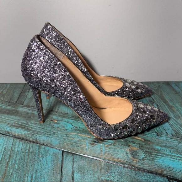 Badgley Mischka Jewel Heels Ulyana Crystal Glitter Bridal Shoes Silver Size 10 - Picture 2 of 7